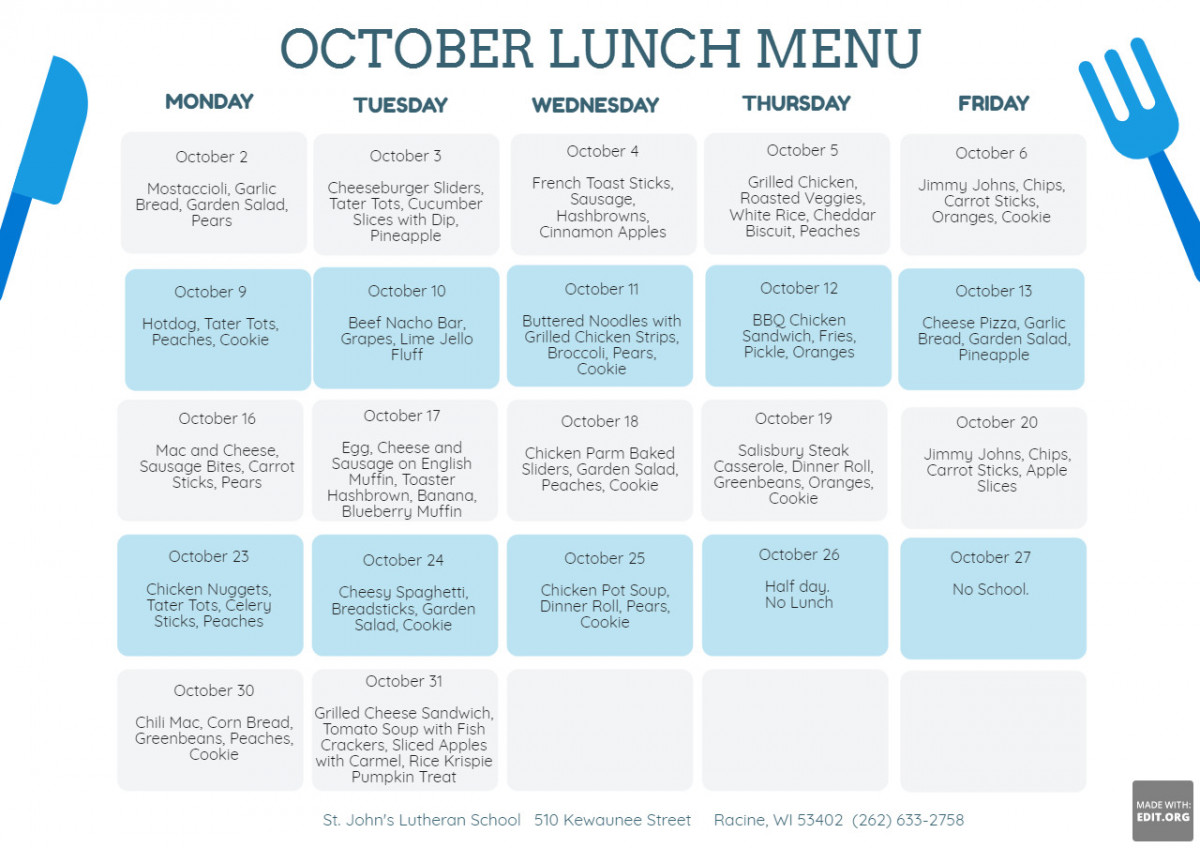 Lunch Menu Start St. John s Lutheran Church and School